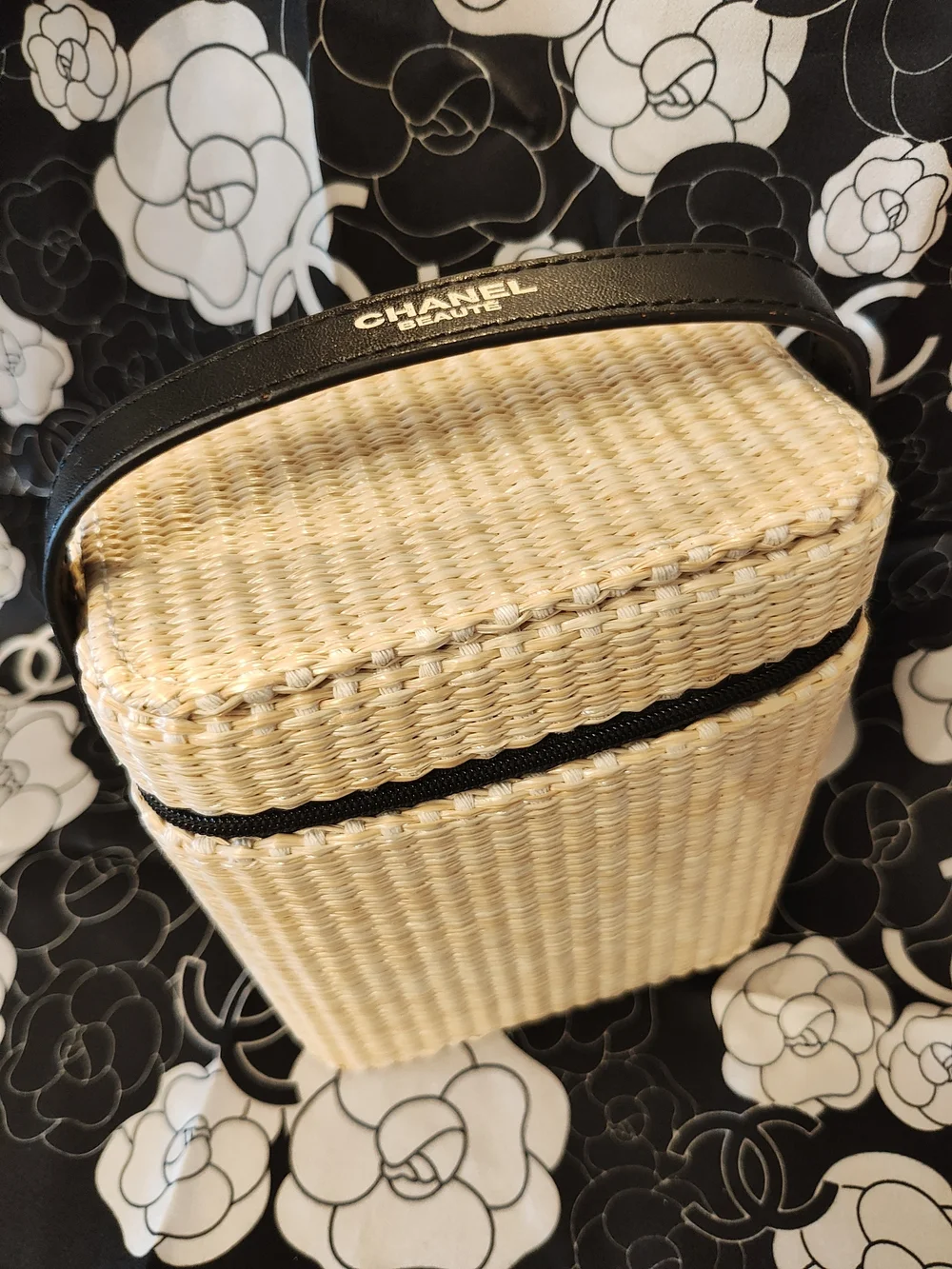 Beige Woven Beauté Mini Bag with Black Trim